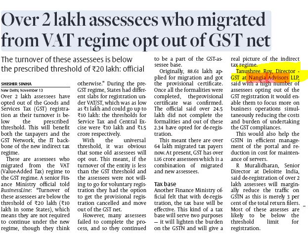 Over 2 lakh assessees who migrated from VAT regime opt out of GST net - Tanushree Roy