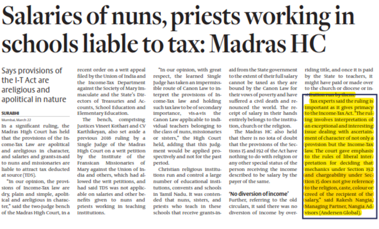 Salaries of nuns, priests working in schools liable to tax